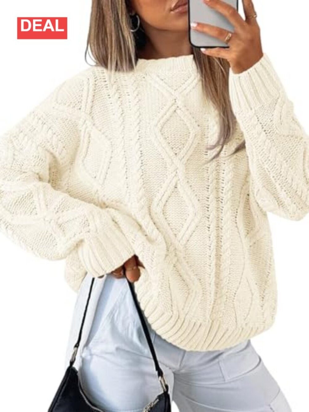 Oversized Cable Knit Chunky Pullover Sweater Crew Neck Cotton Blend